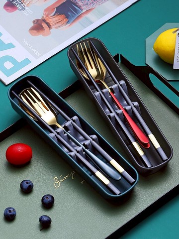 304不銹鋼餐具三件套筷子勺叉子套裝便攜學生兒童外帶餐具收納盒