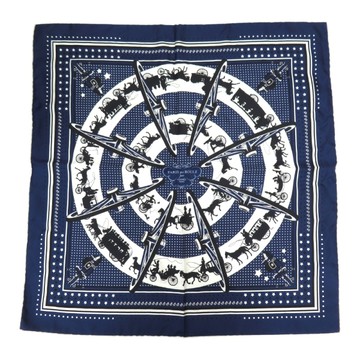 【二手名牌BRAND OFF】HERMES 愛馬仕 藍色 絲綢 Paris Qui Roule 絲巾 60