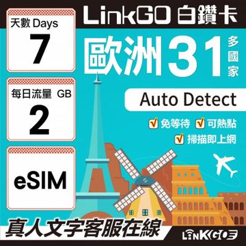 LINKGO白鑽卡 歐洲31國 eSIM卡 7天上網卡 每日2GB(歐洲網卡 西班牙 德國 奧地利 英國)