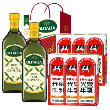 Olitalia奧利塔橄欖油1000ml禮盒1組 (2罐/組) +光泉原味全脂保久乳6瓶(200ml/罐)