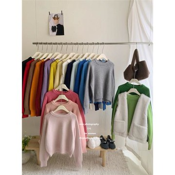 韓國王炸新色系簡約慵軟糯圓領套頭毛衣女冬復古寬松保暖針織上衣