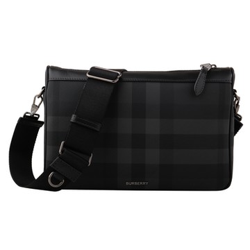 BURBERRY 巴寶莉   經典防刮PVC格紋男款拉鍊肩/斜背包(炭灰x黑格)