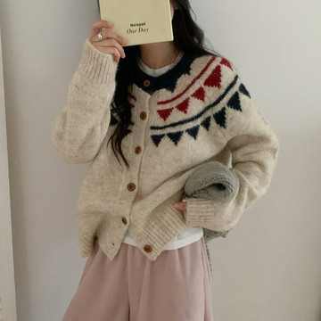 秋冬新款提花撞色毛衣外套女日系復古寬松慵懶風加厚休閑毛衣外套鑫弘-素時衣櫥