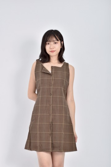 (M) chili koko質感無袖排扣格紋棕色洋裝