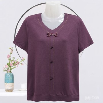 媽媽裝上衣女 夏季短款T恤女裝 寬鬆遮肉上衣 百搭媽媽裝 媽媽夏裝新款短袖T恤女中老年人時尚v領寬鬆半袖遮肉顯瘦薄款上衣