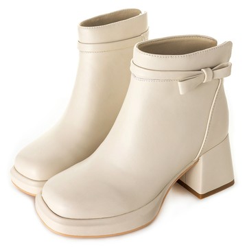 千金風側蝴蝶結寬楦方頭防水台粗跟短靴 GB564BE