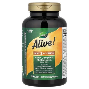Nature's Way, Alive! 成年人 Max3 優效多維生素，無添加鐵，180 片