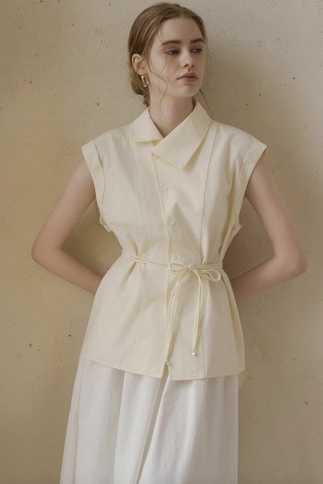 高支棉 不對稱領型手工編織 無袖襯衫