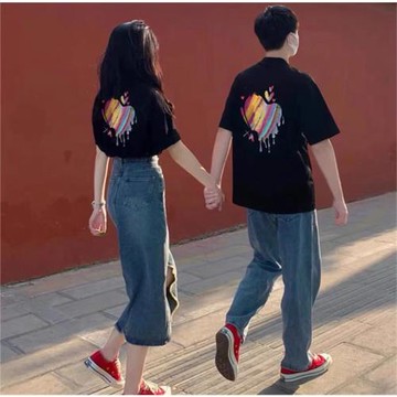 INS超火夏季新款純棉短袖小眾設計感情侶短袖重磅厚實情侶全棉t恤