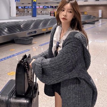 La Belleza日系泡泡袖混色加厚慵懶風針織開衫長款外搭寬鬆保暖連帽軟糯厚毛衣外套