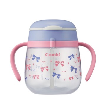 日本 Combi - LakuMug樂可杯第3階段吸管杯-粉嫩蝶結N (6個月以上)-240ml-日本製