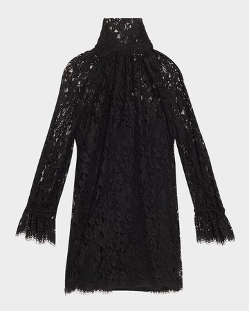 Turtleneck Long-Sleeve Lace Shift Dress