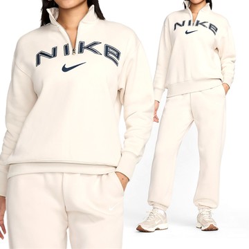 Nike PHNX FLC OS Logo QZ 女款 米色 半開襟 立領 刺繡Logo 長袖 FV7680-104
