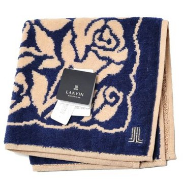LANVIN 藏青拚卡其底雙面玫瑰提花logo刺繡圖騰抗菌小方巾(25CM)