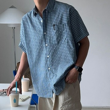 正韓輕盈棉料經典格紋單口袋短袖襯衫 2色 YUPPIE 預購商品 0721