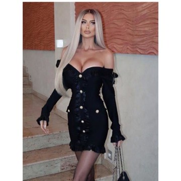 Bandage dress長袖深V網紗波邊小眾設計感繃帶禮服年會派對連衣裙