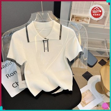 🏵️秋季上新🏵️夏季白色小個翻領小香風polo領短袖針織衫t恤上衣女網紅顯瘦短款