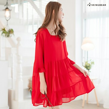 連身裙--甜美方型領喇叭袖蛋糕裙襬露背綁帶兩件式長版上衣(紅.杏L-3L)-U557眼圈熊中大尺碼