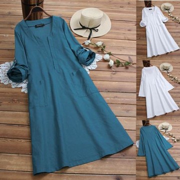 歐美風夏季時尚ebay新款棉麻氣質優雅舒適長袖V領連衣裙女潮