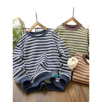 童裝男童條紋加絨衛衣秋冬款兒童洋氣百搭休閑套頭衫打底衫上衣潮