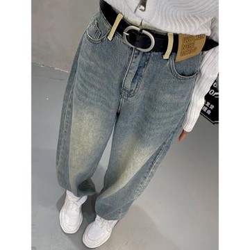 復古藍色男友直筒加厚牛仔褲女潮春季胖mm洋氣顯瘦高腰寬松闊腿褲