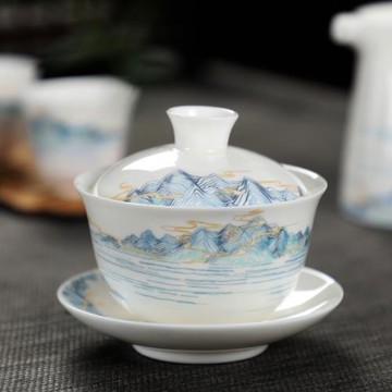 青花紋三才蓋碗單個德化羊脂玉白瓷功夫泡茶器家用陶瓷大號敬茶碗