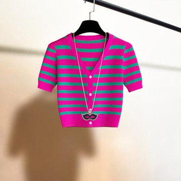 法式洋氣V領條紋短袖針織開衫外搭吊帶裙高腰顯瘦上衣外套女春夏