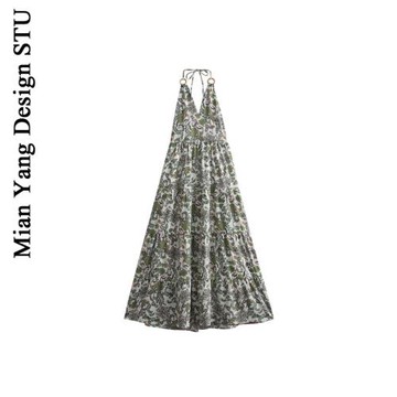 風情印花掛脖長裙 波西米亞超性感大露背連衣裙沙灘深v圓環吊帶裙