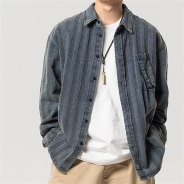 【米蘭精品】襯衫長袖上衣-秋季條紋寬鬆休閒男上衣74ge2