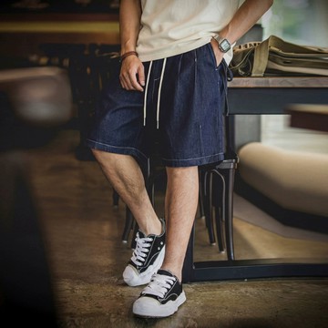 Wuluwear 美式復古垂墜感牛仔短褲男士夏季新款透氣彈力五分褲鬆緊腰寬鬆五分褲