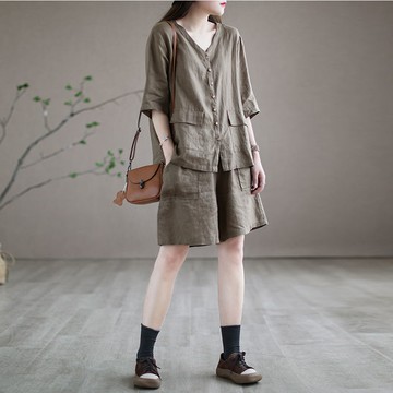 文藝復古棉麻套裝女夏季新款寬松大碼顯瘦遮肚休閑上衣短褲兩件套鑫弘-素時衣櫥