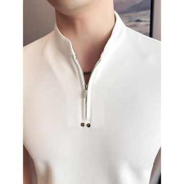 立領半拉鏈男士短袖Polo衫夏季新款高端鉚釘裝飾時尚潮流休閑t恤