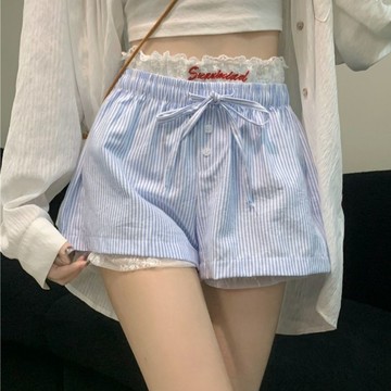 【顯瘦百搭】A字短褲 女短褲 休閒褲女 藍色條紋短褲 夏季設計感抽繩休閒百搭低腰顯瘦闊腿熱褲 五分褲女 牛仔短褲 褲子女