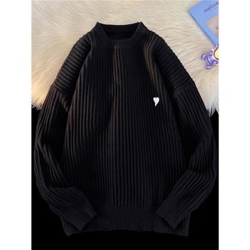 韓系高級感小愛心針織黑色毛衣男秋冬季寬松圓領肌理感針織衫線衣