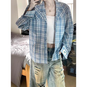 美式藍色格子襯衫女春季新款撞色格紋古巴領襯衣外套寬松情侶上衣