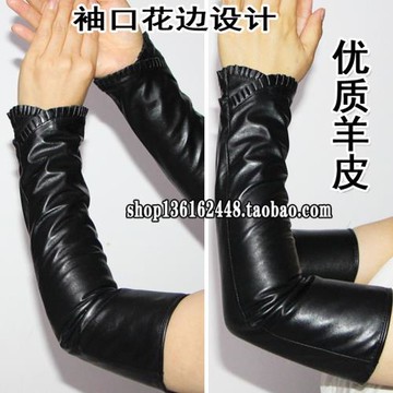 皮袖套女真皮手套長款秋冬保暖加絨羊皮過肘手臂套半指套袖假袖子