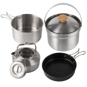 無品牌 Caiyi 4件套 不銹鋼鍋具組 露營套鍋 野營鍋 戶外鍋具