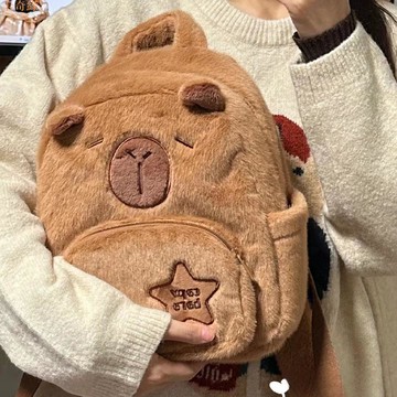 小紅薯爆款水豚毛絨雙肩包女2023新款書包大容量卡通學生上課書包