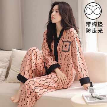 2025新款睡衣女薄款春秋款帶胸墊防凸點可外穿格子家居服套裝冬季