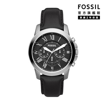 【FOSSIL 官方旗艦館】Grant 經典雅仕羅馬數字 三眼男錶黑色皮革錶帶 44mm