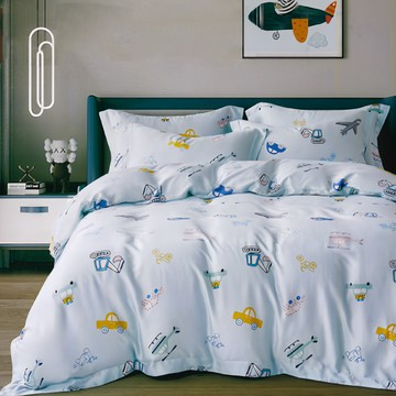 Grace Life 精緻系列 60支100%天絲全舖棉兩用被床包組  床包 + 兩用被套 + 枕套x2  加大  汽車總動員 淺藍色