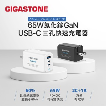 隔日到貨🔥【Gigastone】65W氮化鎵GaN USB-C 三孔快速充電器 (PD-7657)