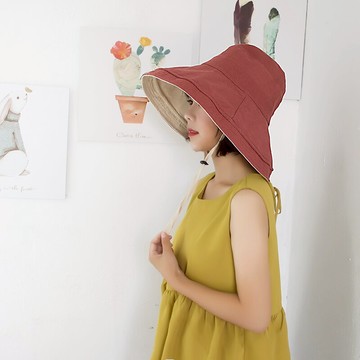 日系雙面拼色大帽檐鋼絲漁夫帽韓版百搭文藝防曬遮陽帽子女夏天1入