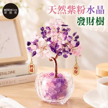 摩達客 天然紫粉水晶發財樹招財納福掛飾透明盆底 寓意智慧人緣親和力 質感居家招福擺飾_廠商直送