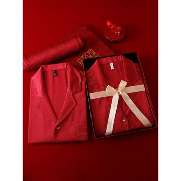 紅色結婚新婚情侶睡衣女款冰絲春秋季長袖本命年男家居服禮盒套裝