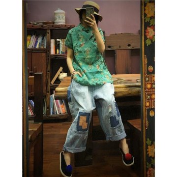 牛仔褲女薄款夏季高腰哈倫直筒寬松復古乞丐補丁超顯瘦九分闊腿褲