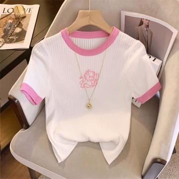 卡通小惡魔圖案刺繡針織短袖女夏季新款辣妹時尚修身顯瘦T恤上衣