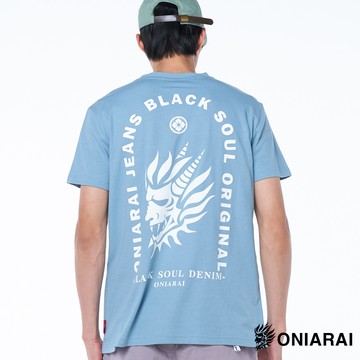 【買1送1】厚版簡約文字側鬼頭短TEE(灰藍) - BLUE WAY 鬼洗い