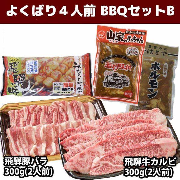 よくばり 4人前 BBQセット B（飛騨牛カルビ300g・飛騨豚バラ300ｇ・山家けいちゃん1・みたらし団子1・はとや1） 送料込 ※北海道1000円、沖縄1200円別途必要