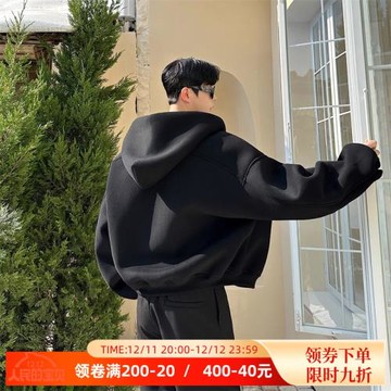 春秋美式重磅550g太空層挺廓連帽衛衣男短款韓版休閑開衫上衣外套